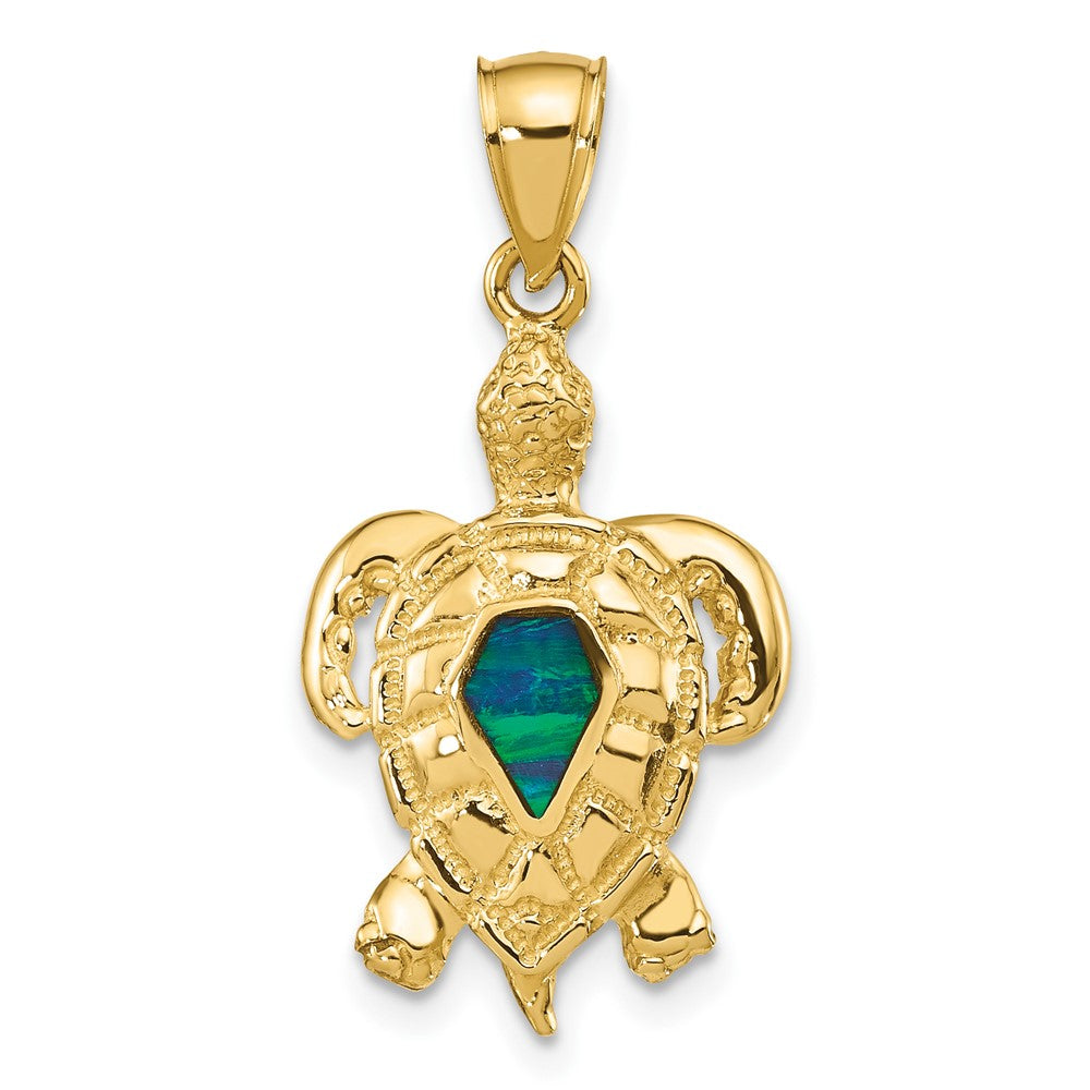 14k Yellow Gold Lab Created Opal Sea Turtle Pendant
