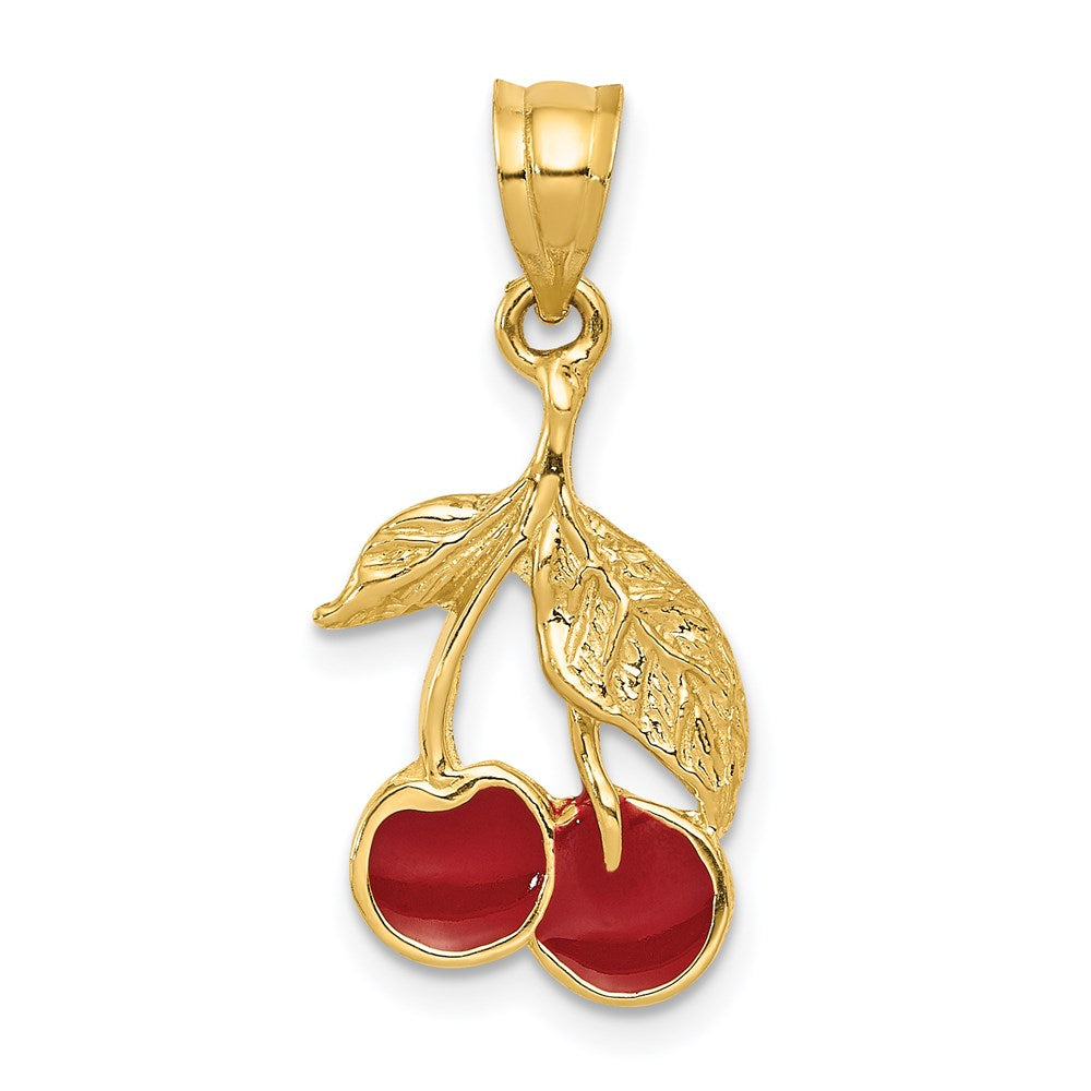 14k Yellow Gold Polished Red Enameled Cherries Pendant