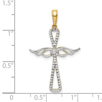 14k Yellow & Rhodium Gold w/Rhodium D/C Cross w/Wings Pendant