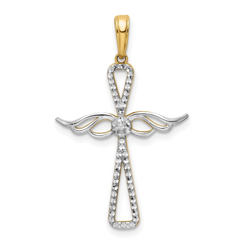 14k Yellow & Rhodium Gold w/Rhodium D/C Cross w/Wings Pendant