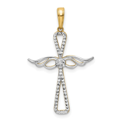 14k Yellow & Rhodium Gold w/Rhodium D/C Cross w/Wings Pendant