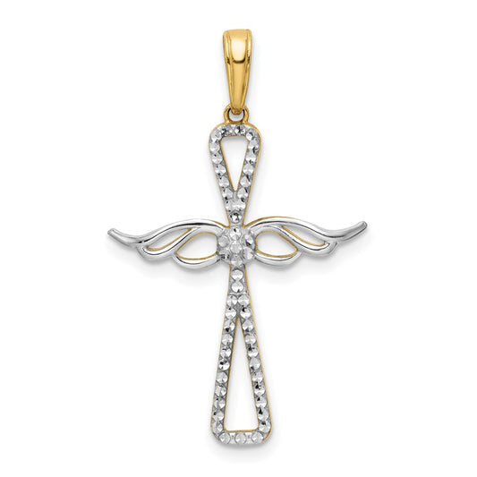 14k Yellow & Rhodium Gold w/Rhodium D/C Cross w/Wings Pendant