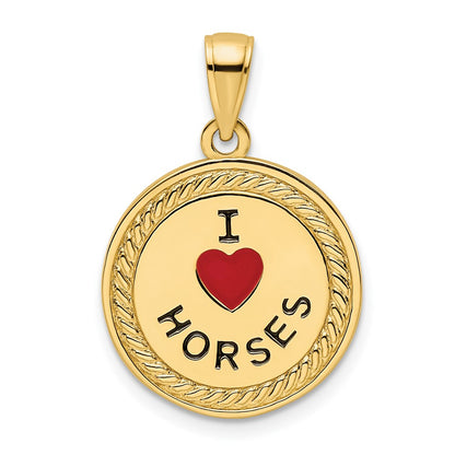 14k Yellow Gold I Heart Horses/I Heart Riding Enameled Reversible Pendant