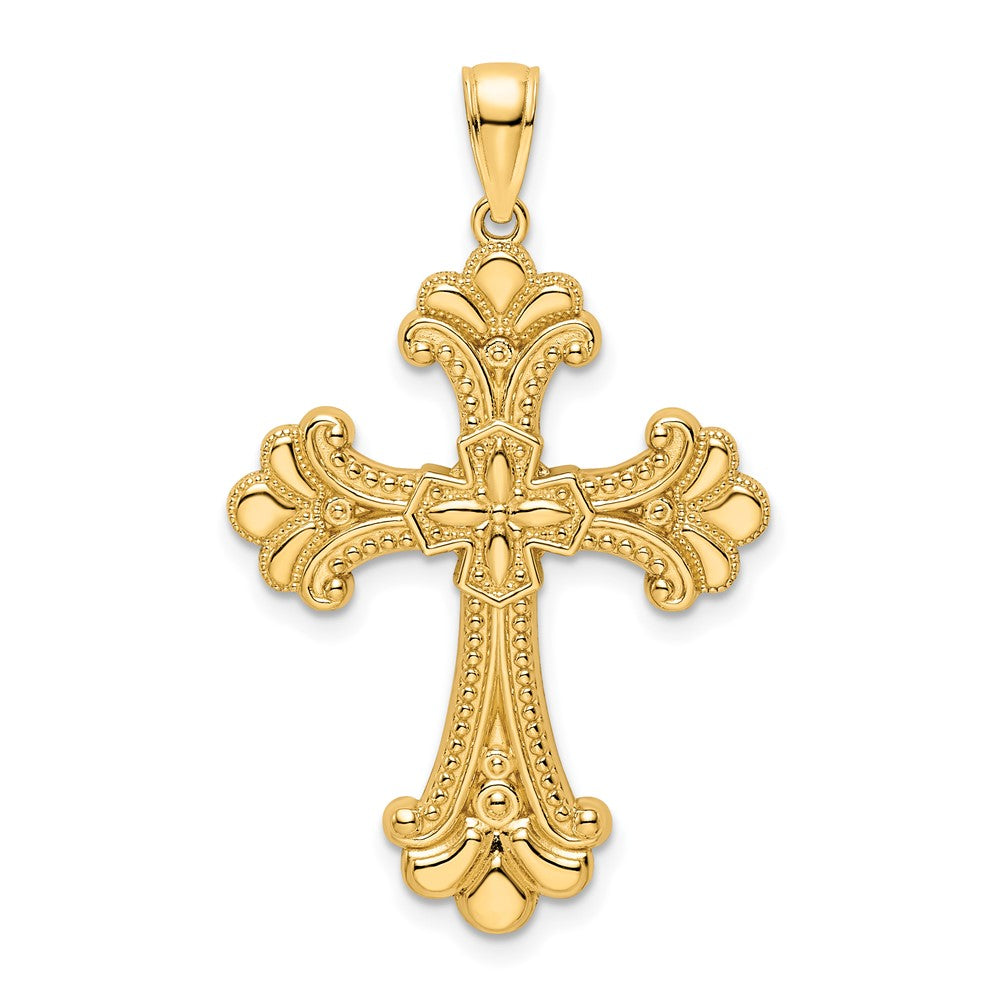 14k Yellow Gold Polished Beaded Fancy Cross Pendant