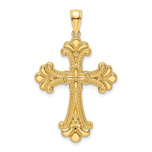 14k Yellow Gold Polished Beaded Fancy Cross Pendant