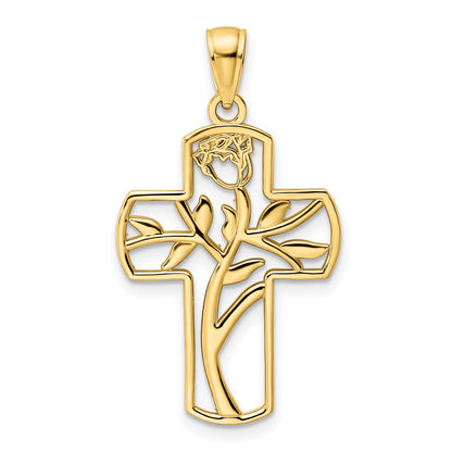 14k Yellow Gold Polished Flower Design Cross Pendant