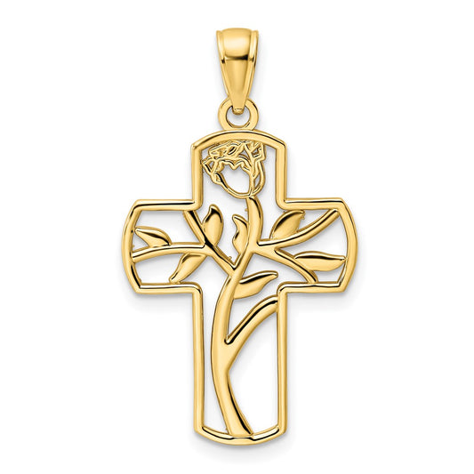 14k Yellow Gold Polished Flower Design Cross Pendant