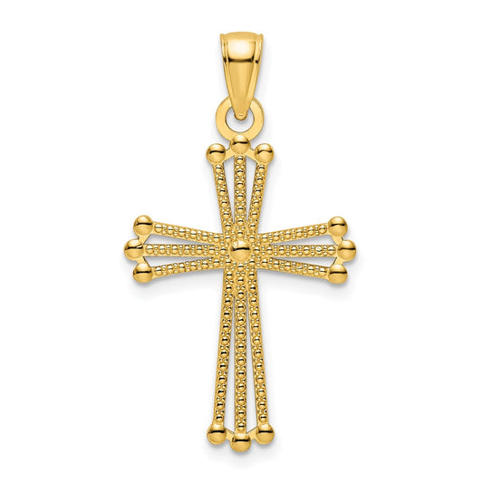 14k Yellow Gold Polished Beaded Cross Pendant