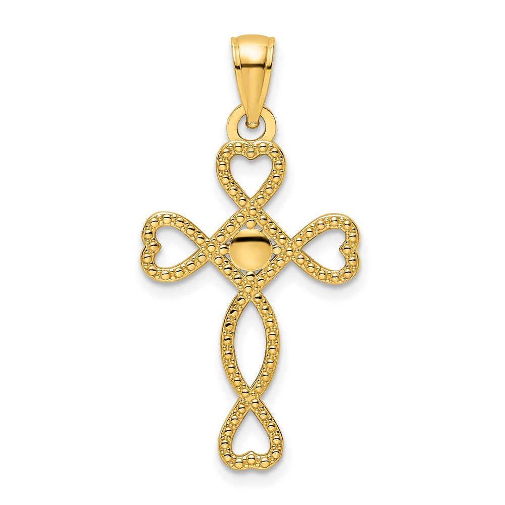 14k Yellow Gold Polished Beaded Cross Pendant