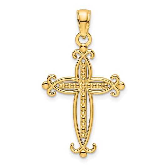 14k Yellow Gold Polished Beaded Cross Pendant