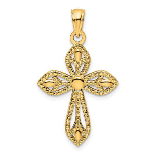 14k Yellow Gold Polished Beaded Cross Pendant