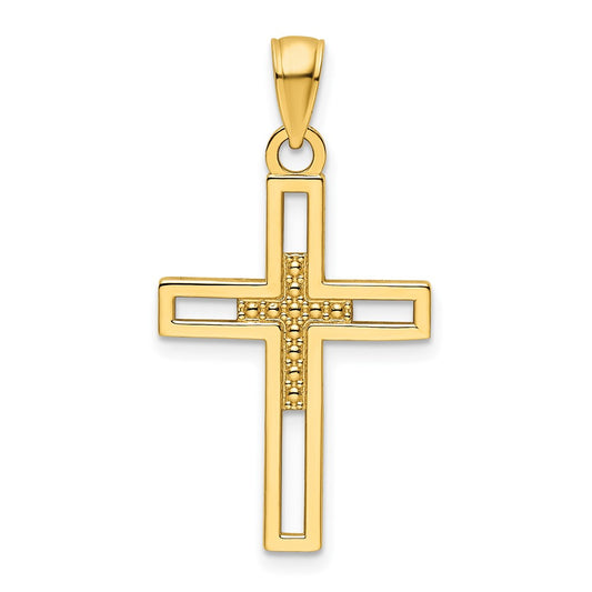 14k Yellow Gold Polished Beaded Cross Pendant