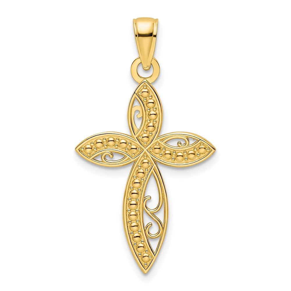 14k Yellow Gold Polished Beaded Cross Pendant