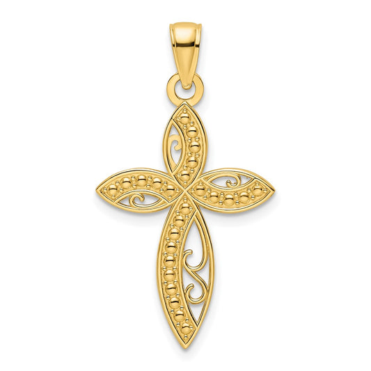 14k Yellow Gold Polished Beaded Cross Pendant