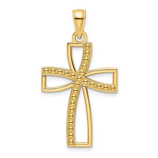 14k Yellow Gold Polished Beaded Cross Pendant