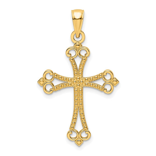 14k Yellow Gold Polished Beaded Cross Pendant