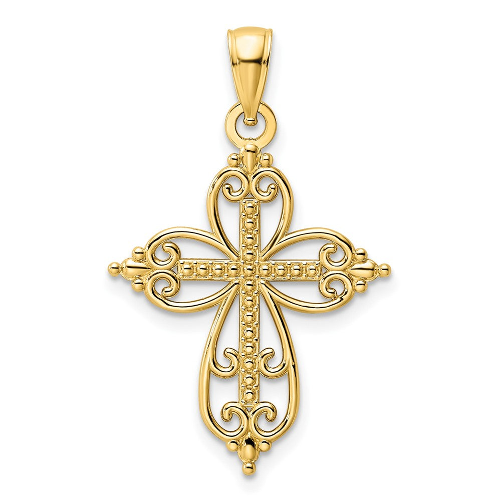 14k Yellow Gold Polished Beaded Cross Pendant