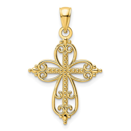 14k Yellow Gold Polished Beaded Cross Pendant