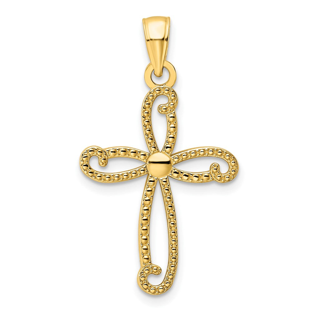 14k Yellow Gold Polished Beaded Cross Pendant