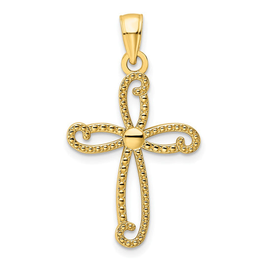 14k Yellow Gold Polished Beaded Cross Pendant