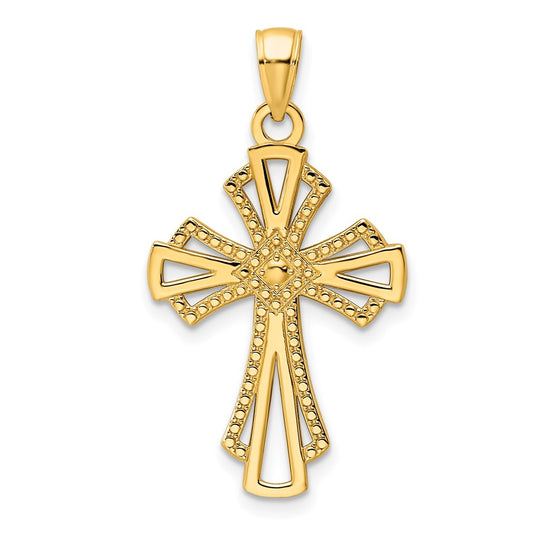 14k Yellow Gold Polished Beaded Cross Pendant