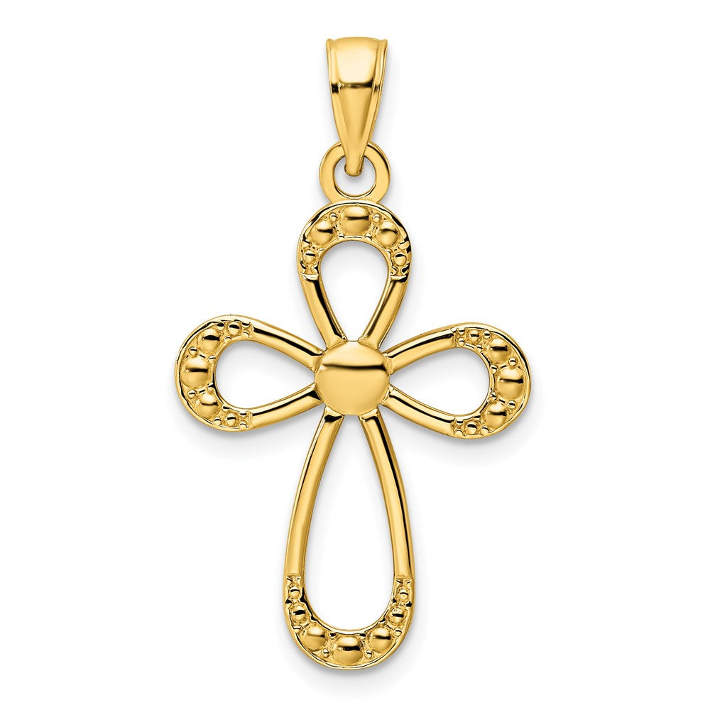 14k Yellow Gold Polished Beaded Cross Pendant