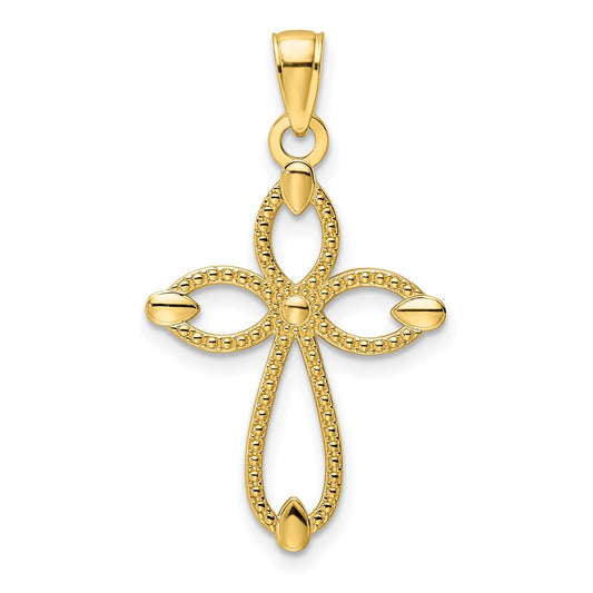14k Yellow Gold Polished Beaded Cross Pendant