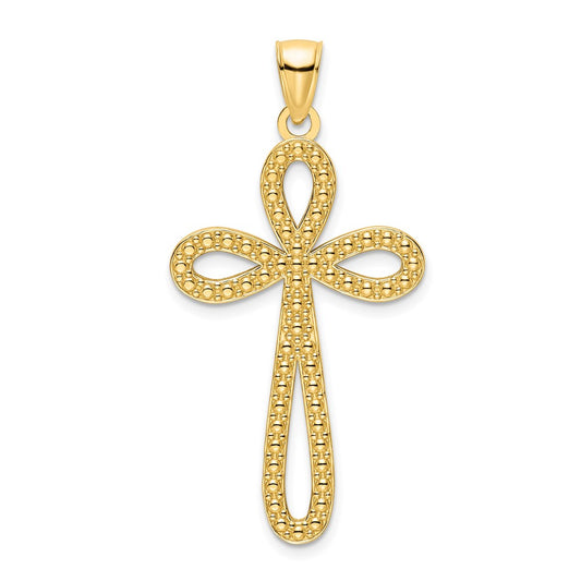 14k Yellow Gold Polished Beaded Cross Pendant