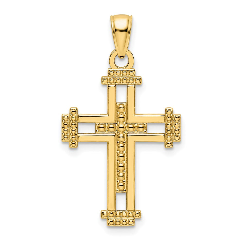 14k Yellow Gold Polished Beaded Cross Pendant