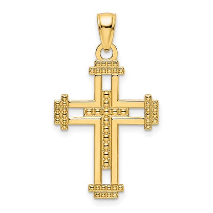 14k Yellow Gold Polished Beaded Cross Pendant