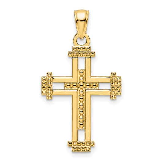 14k Yellow Gold Polished Beaded Cross Pendant