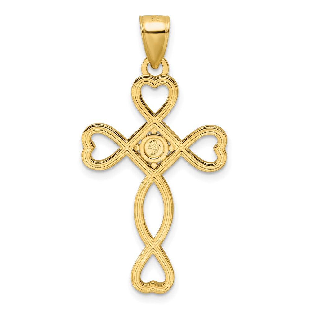 14k Yellow Gold Polished Beaded Heart Design Cross Pendant