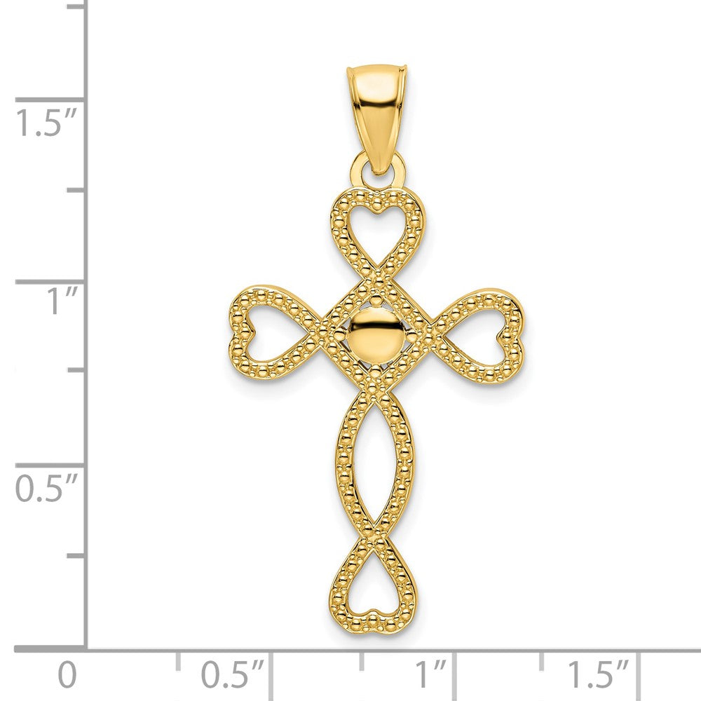 14k Yellow Gold Polished Beaded Heart Design Cross Pendant