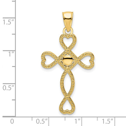 14k Yellow Gold Polished Beaded Heart Design Cross Pendant