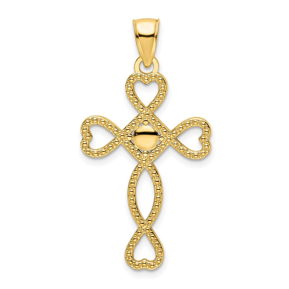 14k Yellow Gold Polished Beaded Heart Design Cross Pendant