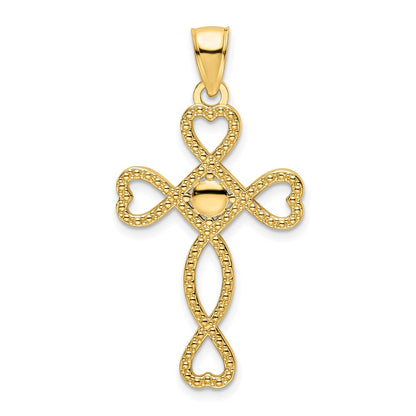 14k Yellow Gold Polished Beaded Heart Design Cross Pendant