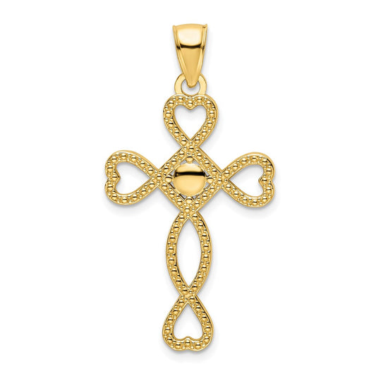 14k Yellow Gold Polished Beaded Heart Design Cross Pendant