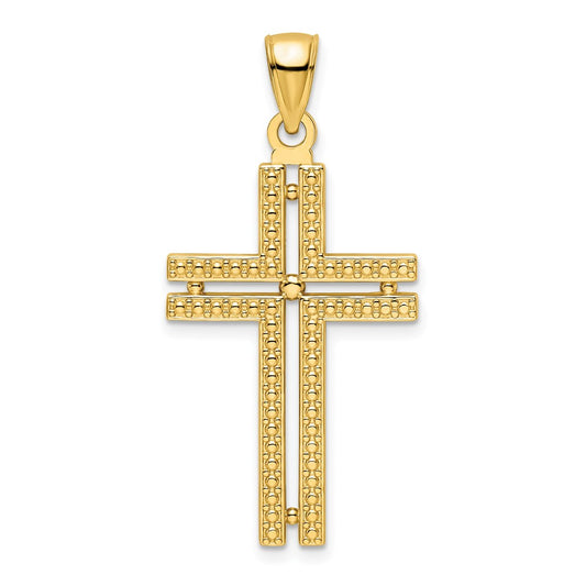 14k Yellow Gold Polished Beaded Cross Pendant