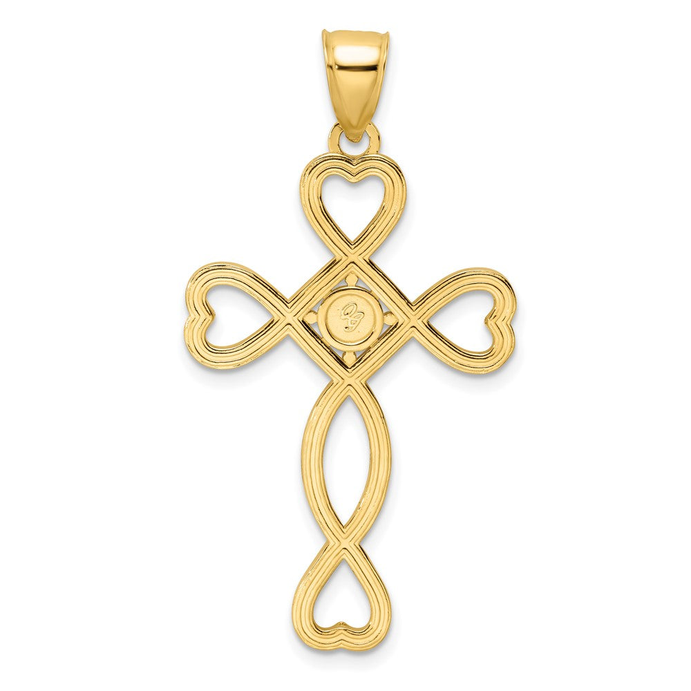 14k Yellow Gold Polished Beaded Heart Design Cross Pendant