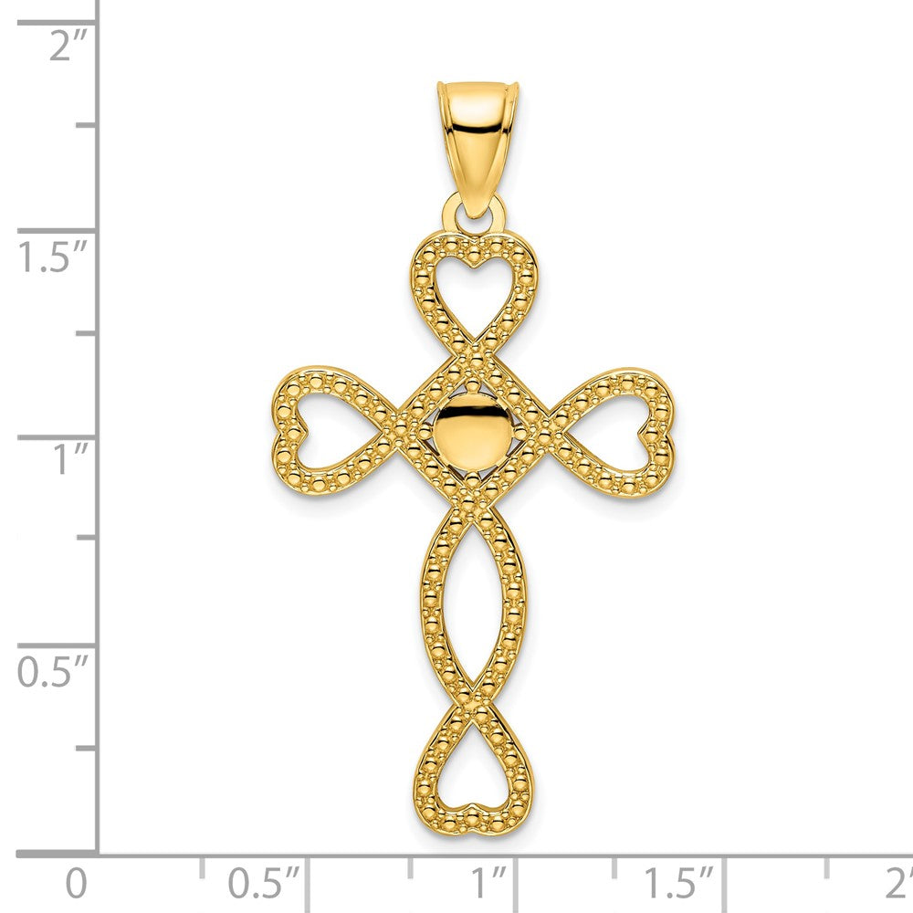 14k Yellow Gold Polished Beaded Heart Design Cross Pendant
