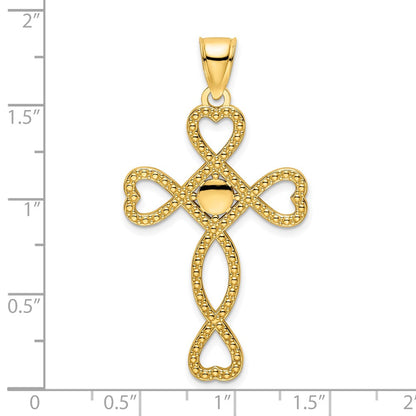 14k Yellow Gold Polished Beaded Heart Design Cross Pendant