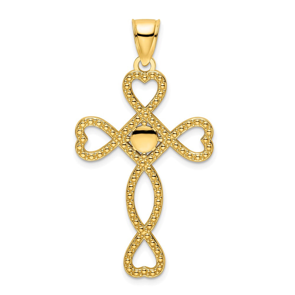 14k Yellow Gold Polished Beaded Heart Design Cross Pendant
