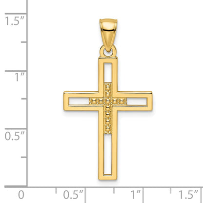 14k Yellow Gold Beaded & Polished Double Cross Pendant