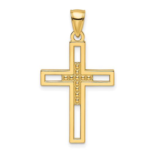 14k Yellow Gold Beaded & Polished Double Cross Pendant
