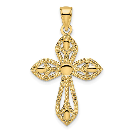14k Yellow Gold Beaded & Polished Cross Pendant