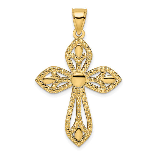 14k Yellow Gold Beaded & Polished Fancy Cross Pendant