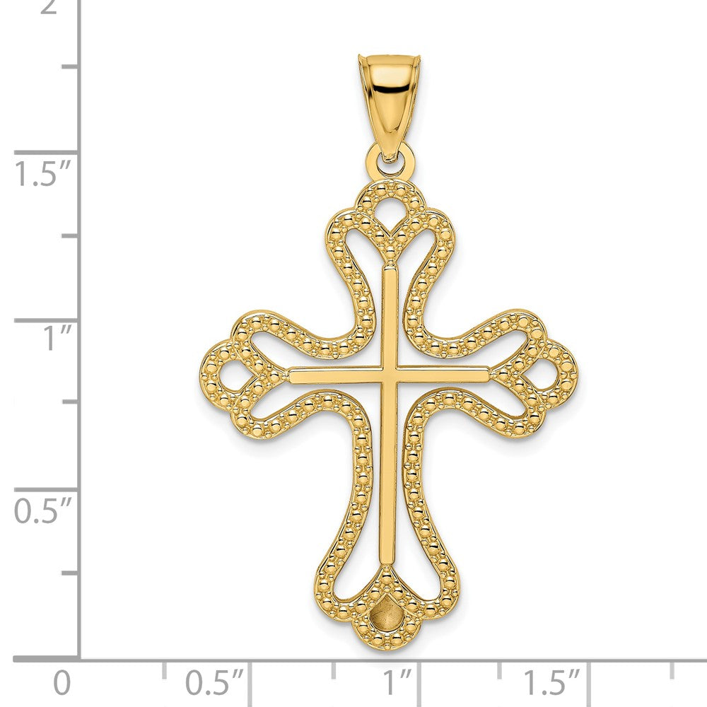 14k Yellow Gold Beaded & Polished Cross Pendant