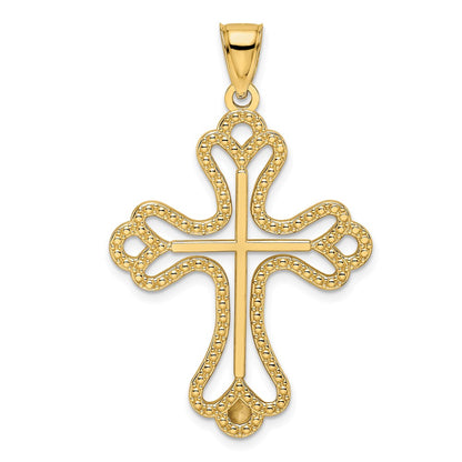 14k Yellow Gold Beaded & Polished Cross Pendant