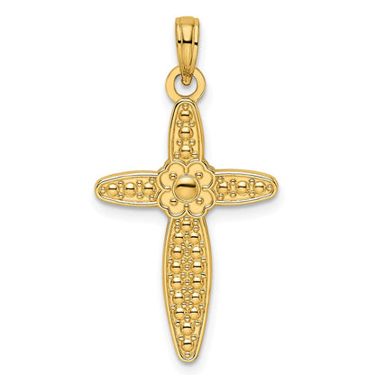 14k Yellow Gold Beaded u0026 Polished Fancy Flower Cross Pendant