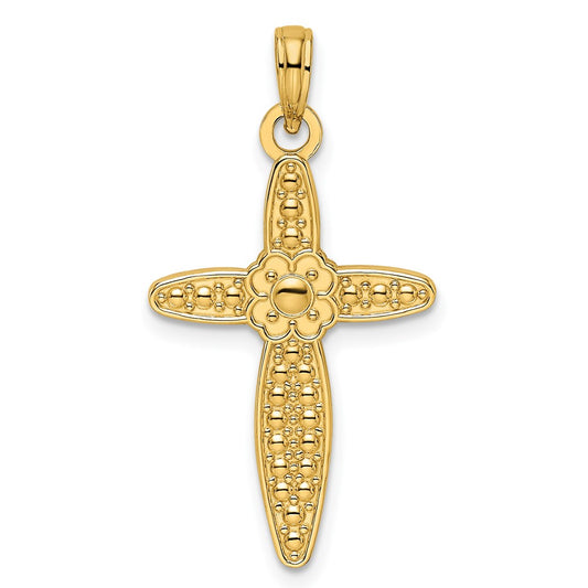 14k Yellow Gold Beaded u0026 Polished Fancy Flower Cross Pendant